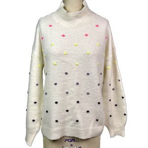 Mock Neck Sweater Loft Multi-Color Pom Poms Winter White Soft Fuzzy Size Lg NWOT